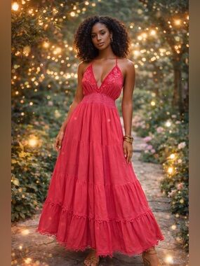 ELEGANT Italian Pink Halter Open Back Maxi Dress with Lace Waist Detail
